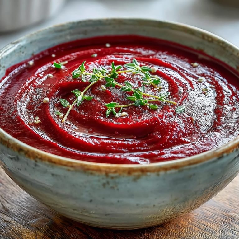 Vibrant red roasted beet soup topped with thyme and a slice of crusty bread.