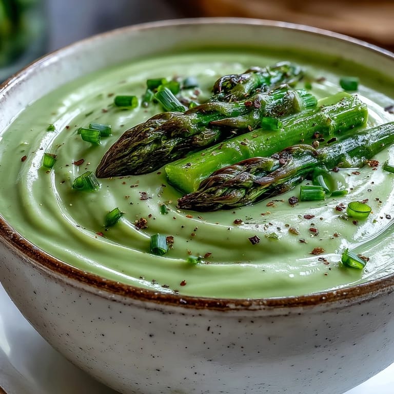 Freshly blended Asparagus Soup in a white bowl, featuring tender stalks and bright green garnish.