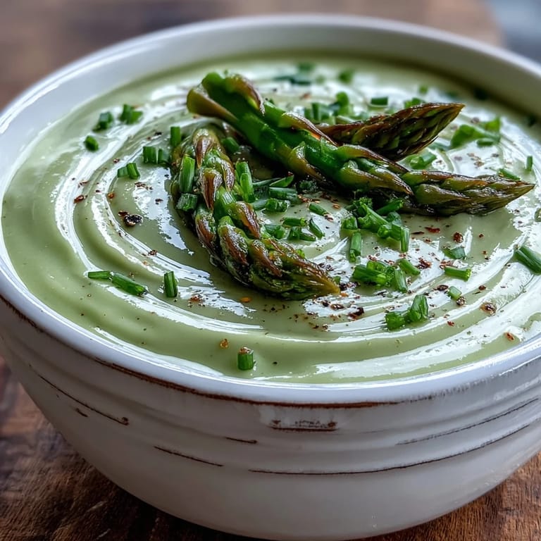 Silky smooth Asparagus Soup topped with blanched asparagus tips, ready to serve with lemon wedges.