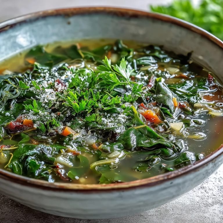 A warm pot of Swiss Chard Soup next to a slice of crusty bread and Parmesan.