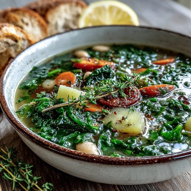Hearty Kale Soup simmering in a pot, featuring carrots, potatoes, and a hint of lemon.