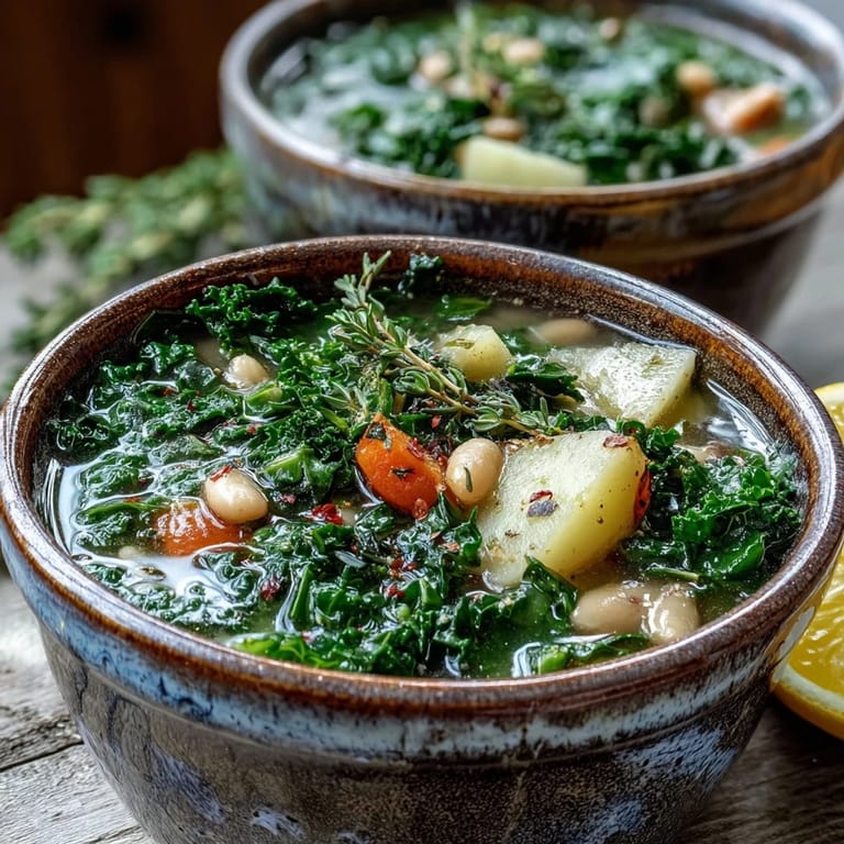 Freshly served Kale Soup garnished with thyme, alongside crusty bread for dipping.