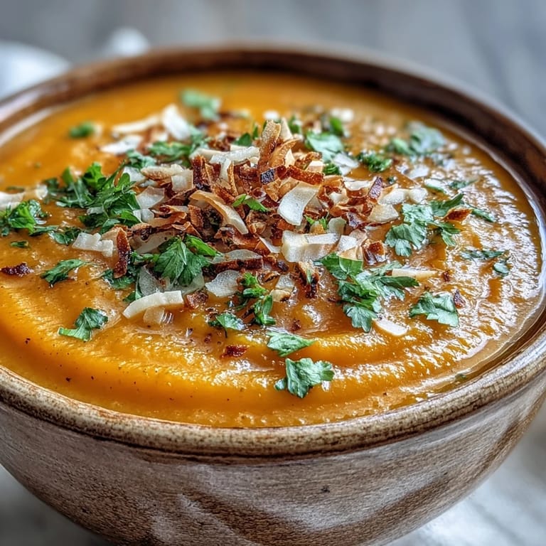Vibrant Carrot and Coconut Soup with smooth, bright orange texture, garnished with toasted coconut and cilantro, perfect for a cozy vegan dinner.