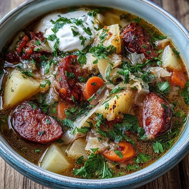 Comforting bowl of Sauerkraut Soup garnished with parsley, served alongside crusty bread for dipping.