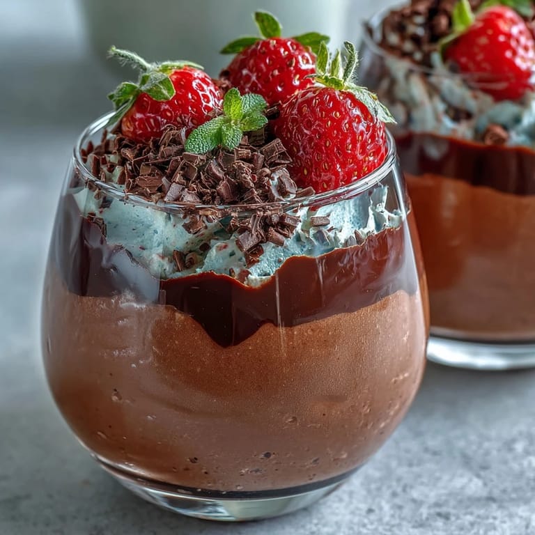 Vibrant red strawberry mousse layered under dark chocolate in a single serving glass for a decadent treat.