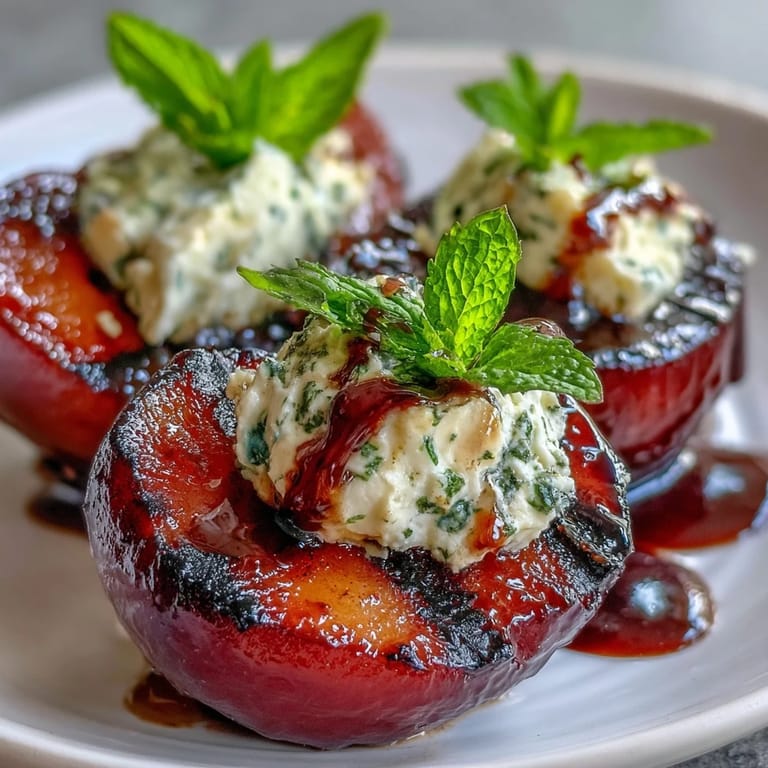 Rustic platter of Balsamic-Goat Cheese Grilled Plums topped with creamy cheese, balsamic drizzle, and cracked black pepper.
