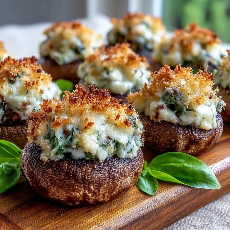 A close-up captures Stuffed Asiago-Basil Mushrooms on a dark slate tray, highlighting the creamy Asiago and crunchy golden panko topping.