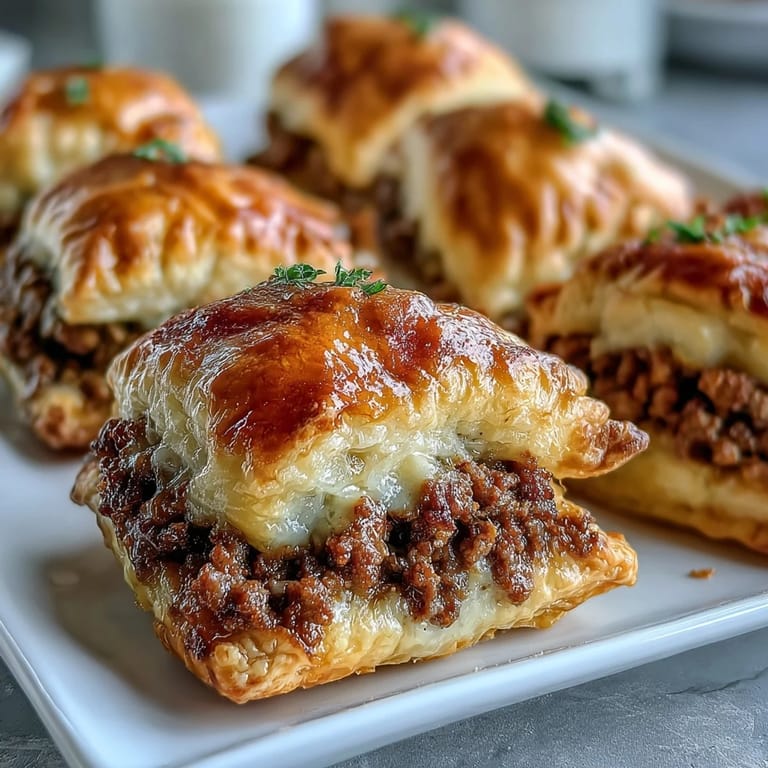 Freshly baked Mini Beef Tourtières arranged on a platter, their pastry crusts golden-brown and peeking at a savory, aromatic filling.