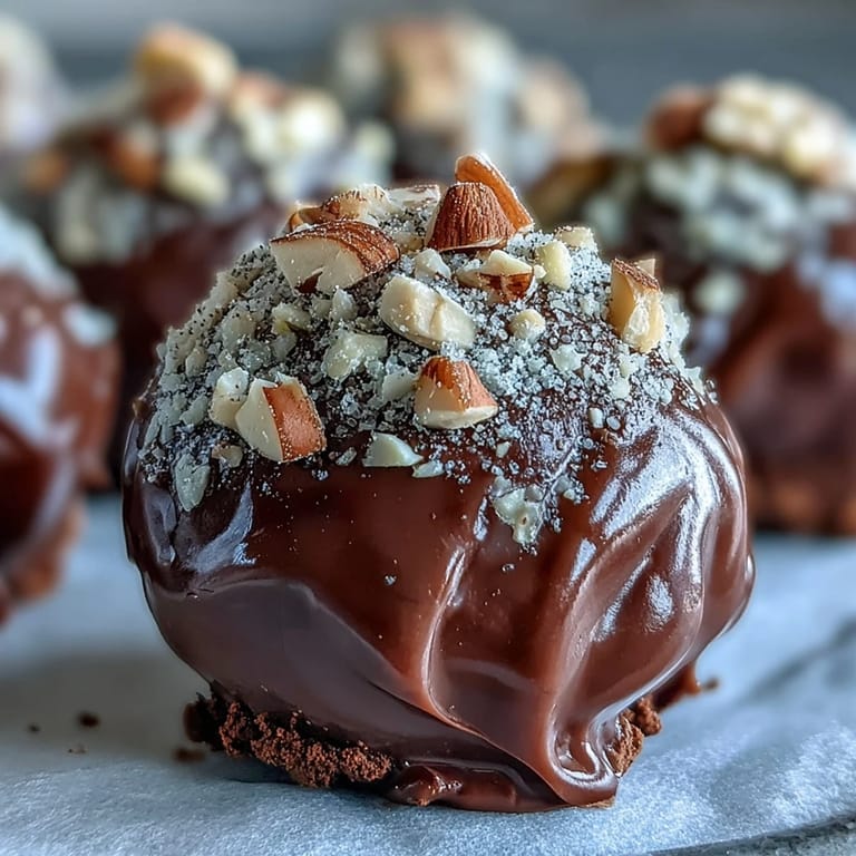 Easy homemade chocolate truffles coated in chopped toasted nuts, perfect for gifting on a decorative tray.