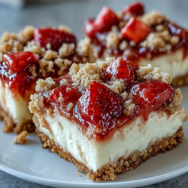 Gooey strawberry topping with lemon and cornstarch on creamy cheesecake bars sliced for serving.