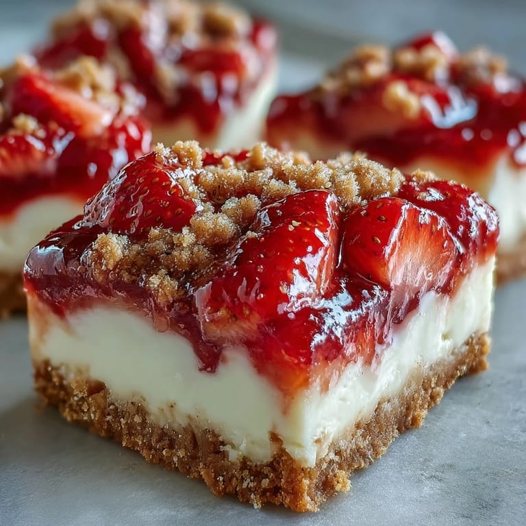 Perfectly set Strawberry Cheesecake Bars for picnics or parties, plated with a dollop of whipped cream.