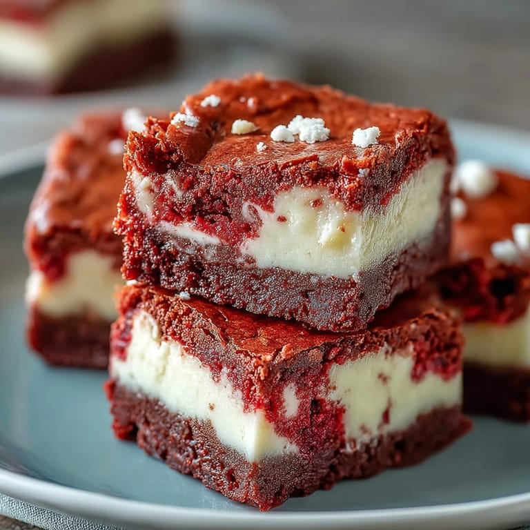 Sliced Red Velvet Cheesecake Brownies on a plate, showcasing the red crumb and white cheesecake layers.