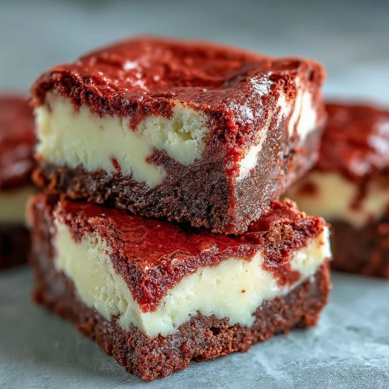 Warm Red Velvet Cheesecake Brownies with chocolate shavings, ideal for a festive dessert platter.