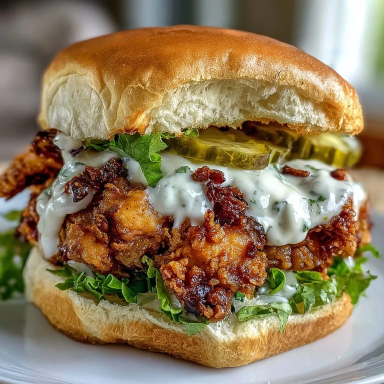 A close-up of the Spicy Chicken Sandwich with Creamy Homemade Sauce showing juicy chicken, fresh lettuce, and pickles on a buttery bun.