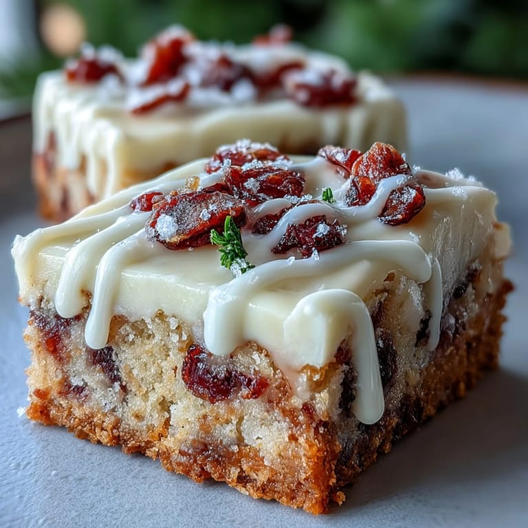 Slice of Cranberry Bliss Bars showing creamy orange frosting, chopped cranberries, and melted white chocolate topping on a wooden board.