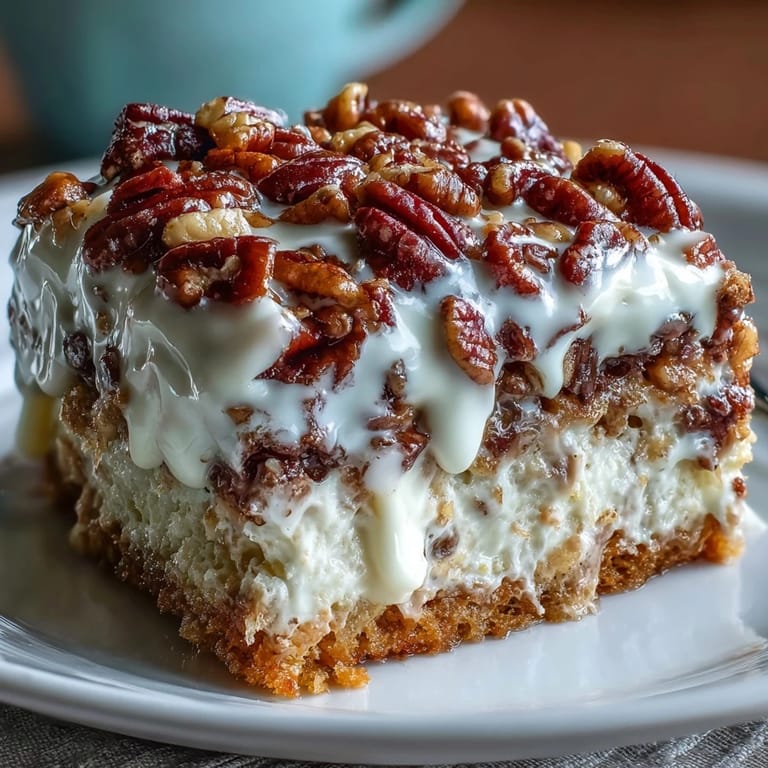 A slice of Butter Pecan Tres Leches Cake shows soaked layers and golden buttery pecan topping.