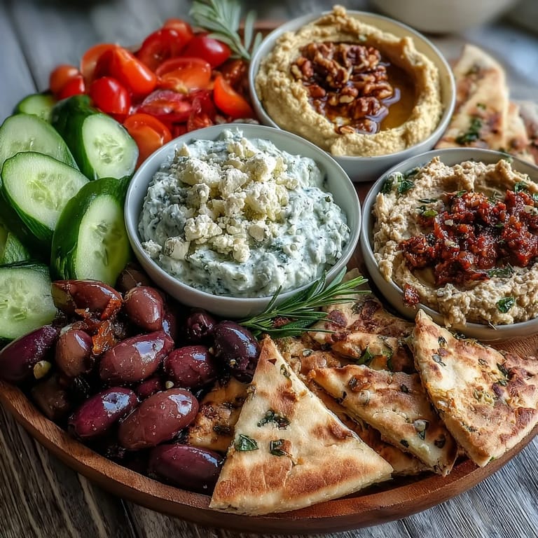 Generous Mediterranean brunch board featuring scoops of hummus, baba ganoush, and rich tzatziki for dipping.
