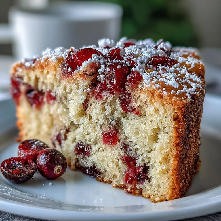 A slice of Cranberry Orange Breakfast Cake on a plate, dusted with powdered sugar and paired with a hot cup of coffee.