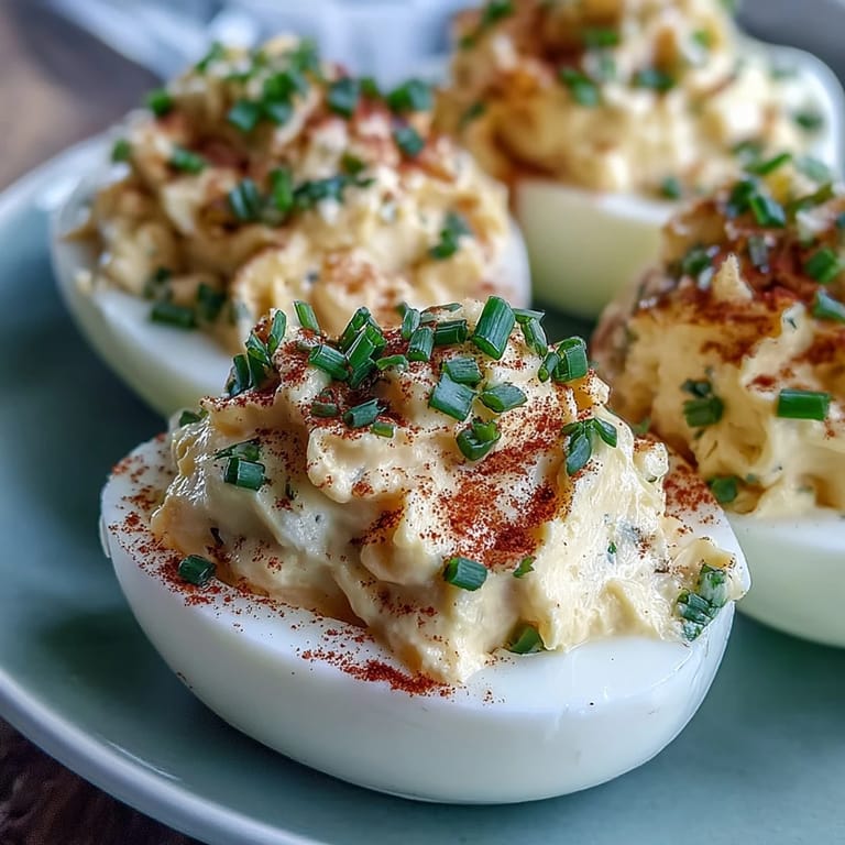 Bright chives and paprika dust top each egg half, highlighting the smooth, tangy Million Dollar Deviled Eggs.