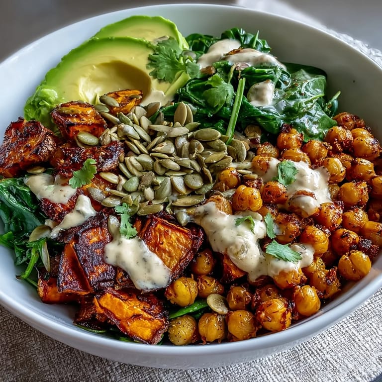 A vibrant vegetarian dinner bowl featuring roasted sweet potatoes, crispy chickpeas, garlicky spinach, and smoky tahini dressing.