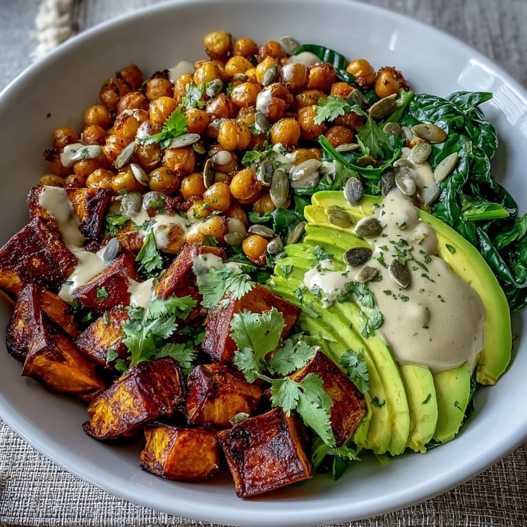 A wholesome roasted sweet potato and chickpea bowl with spinach, avocado, and chipotle tahini drizzle for a weeknight meal.