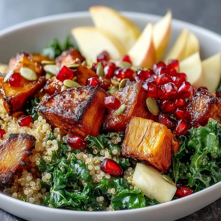 A hearty Kale Harvest Grain Bowl topped with crisp apple, juicy pomegranate, and crunchy pepitas.