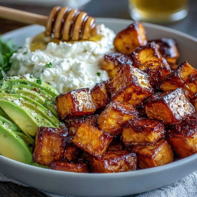 A finished Hot Honey Sweet Potato Bowl garnished with fresh cilantro, showing crispy-edged sweet potatoes and a cooling scoop of cottage cheese.