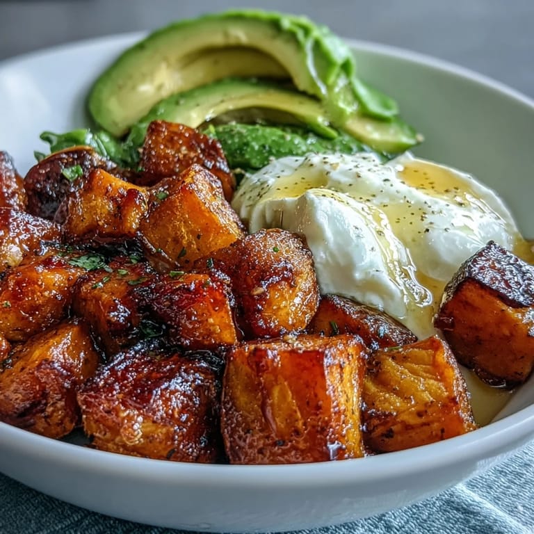 Assembled Hot Honey Sweet Potato Bowl featuring vibrant orange roots and green avocado, ready to eat with a sweet heat glaze.