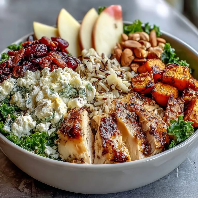Nourishing Harvest Bowl featuring tender roasted chicken, nutty wild rice, creamy goat cheese, crisp apples, and crunchy almonds over kale.