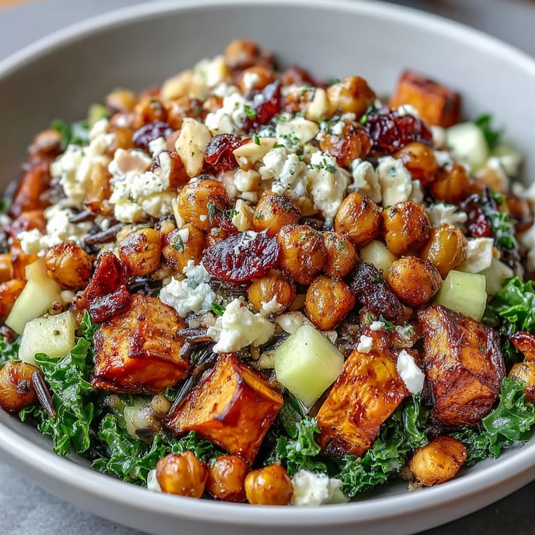 Healthy Fall Harvest Bowl served with wholesome grains, roasted vegetables, and creamy feta on a rustic wooden table.