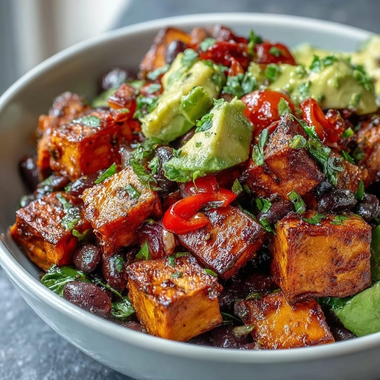 Enjoy a hearty Sweet Potato and Black Bean Bowl served with cilantro, sliced avocado, and lime wedges, perfect for a nutritious vegetarian dinner.