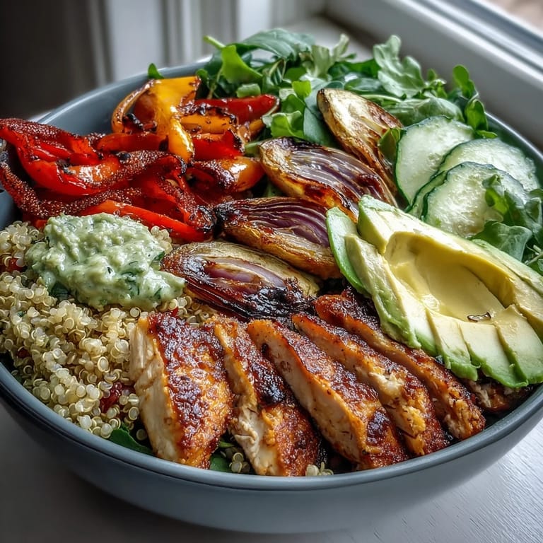 A close-up shows creamy avocado slices and crisp lemon salad garnishing the hearty Paprika Roasted Vegetable Quinoa Bowl.