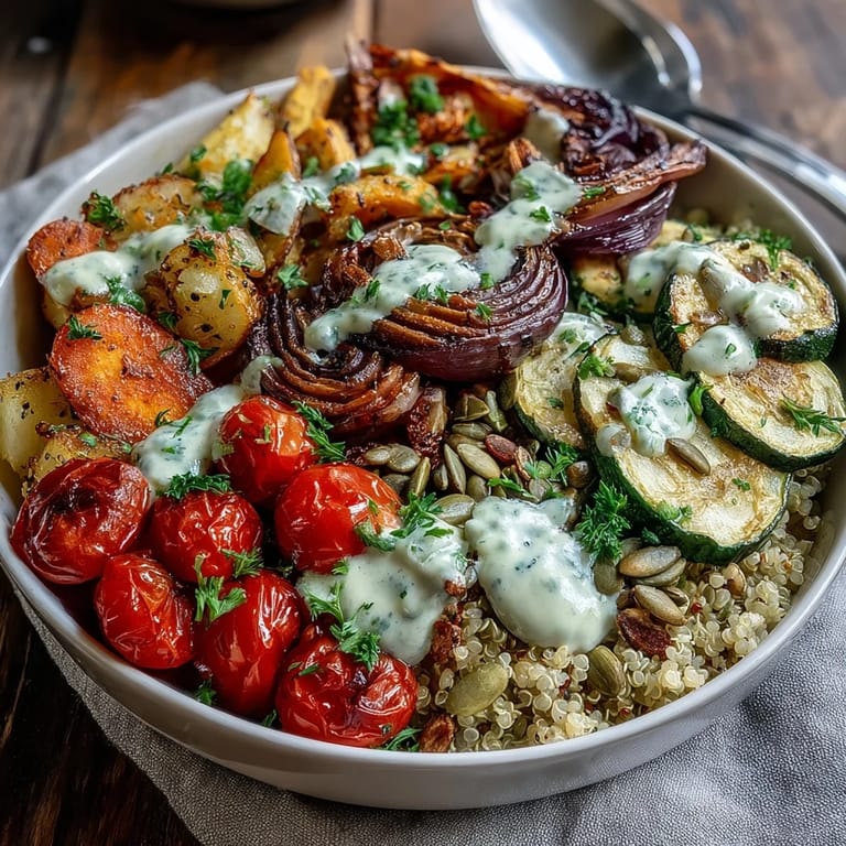 Colorful medley of bell pepper, zucchini, and cherry tomatoes in a Roasted Vegetable Quinoa Bowl, finished with parsley.