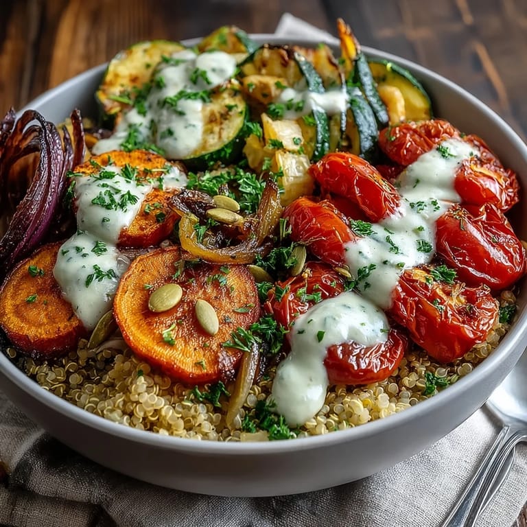 Warm and wholesome Roasted Vegetable Quinoa Bowl drizzled with lemony tahini, served with pumpkin seeds for crunch.