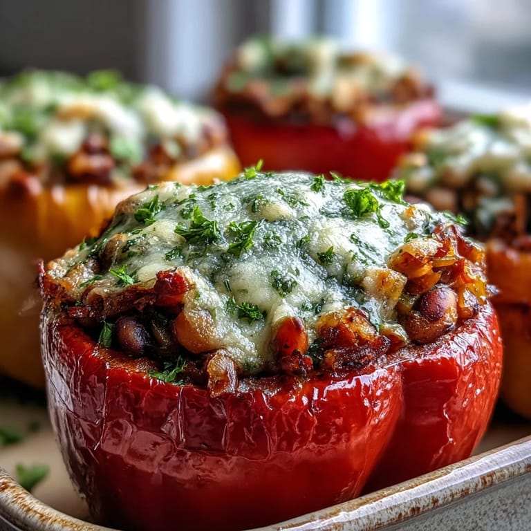 Close-up of a split black-eyed pea stuffed pepper revealing a hearty grain and legume filling, garnished with fresh parsley.
