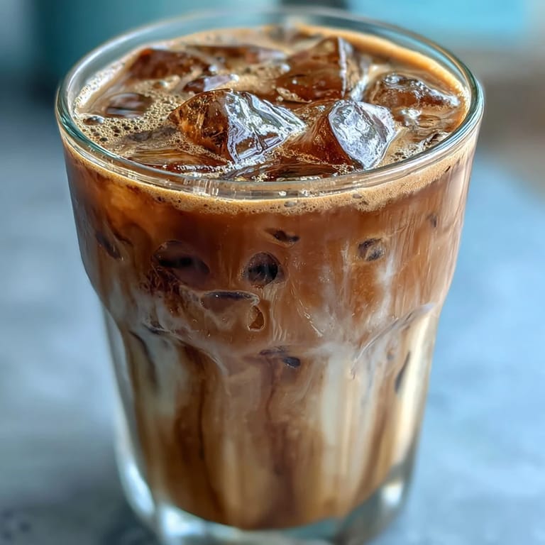 Two glasses of homemade Iced Hojicha Latte on a wooden table with loose hojicha leaves nearby, highlighting the warm, nutty aroma.