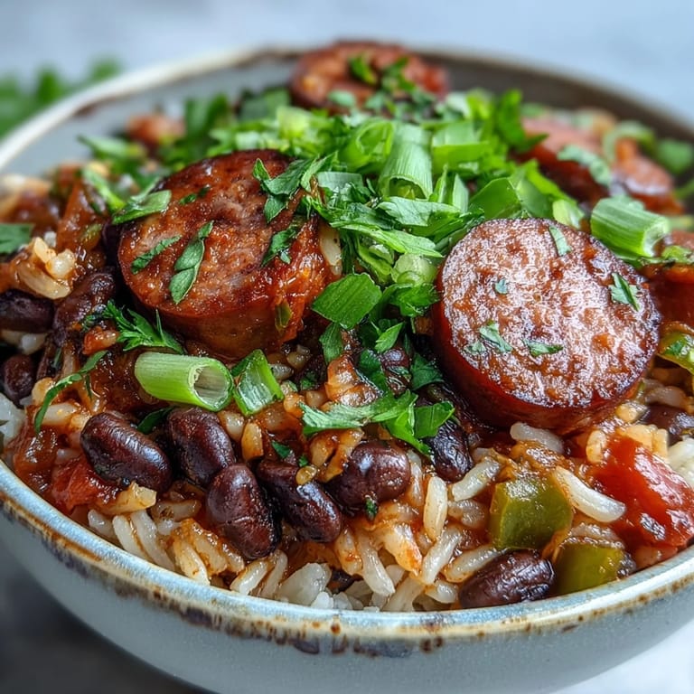 Close-up of Black-Eyed Pea Jambalaya revealing sautéed vegetables, fluffy rice, and seasoned black-eyed peas in a rich sauce.