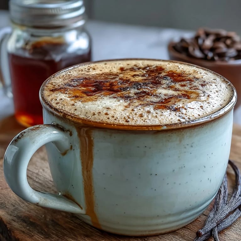 Creamy vegan Hojicha Latte with Vanilla Extract, topped with delicate foam and paired with a vanilla bean.