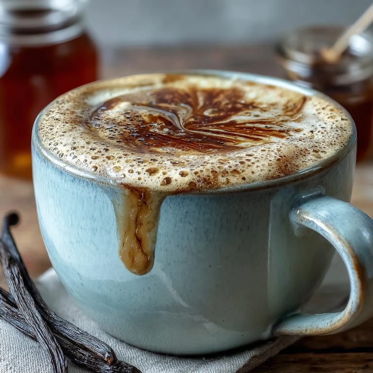 A soothing cup of Hojicha Latte with Vanilla Extract, steam rising from the rich, roasted green tea.