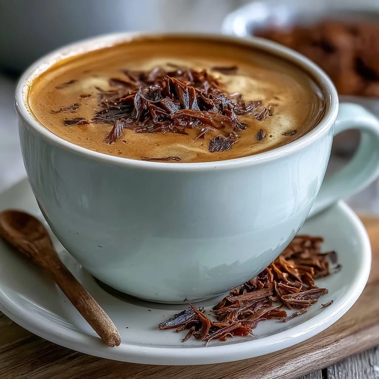 Close-up of a Hojicha Cortado, showing its rich, roasted tea hue and velvety milk foam.