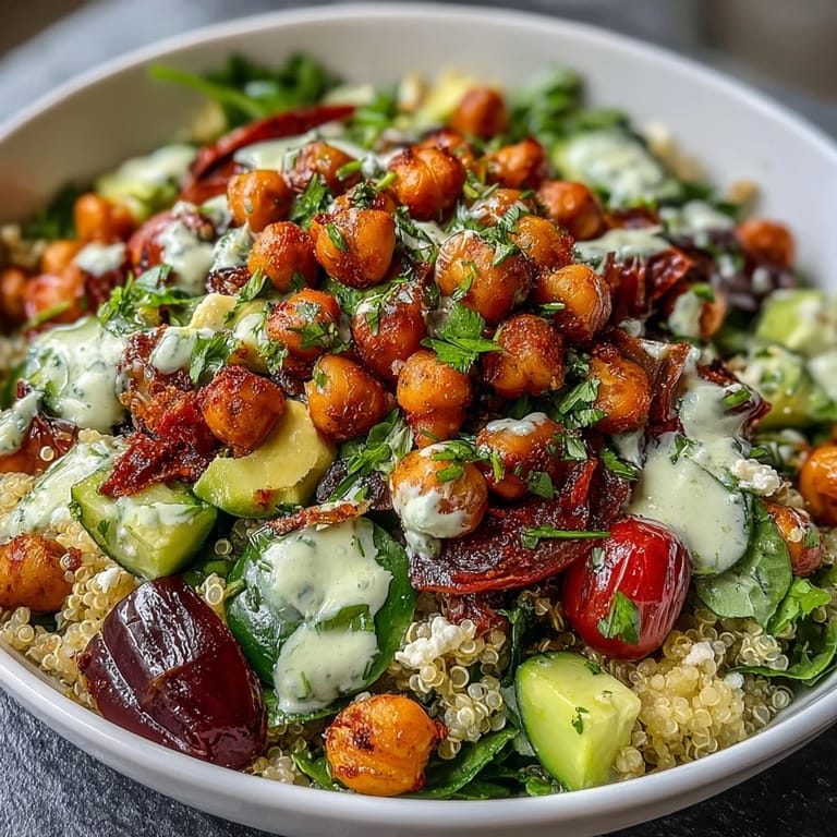 Vibrant lemon vinaigrette grain bowl featuring fluffy quinoa, crispy roasted chickpeas, and fresh vegetables for a nourishing, plant-based lunch.