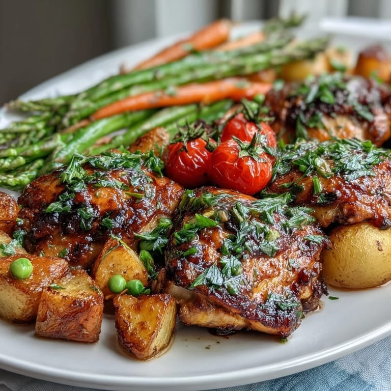 Fresh spring vegetables and seasoned chicken breasts roasted together on one pan for a simple, nutritious dinner.
