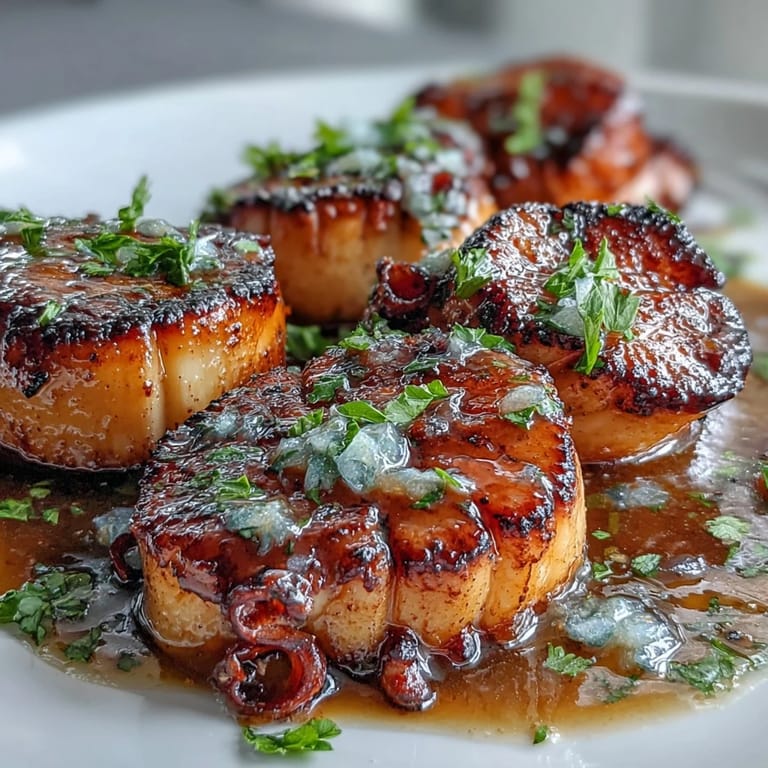 A plate of tender sea scallops drizzled with vibrant lemon butter sauce, served with lemon wedges.  