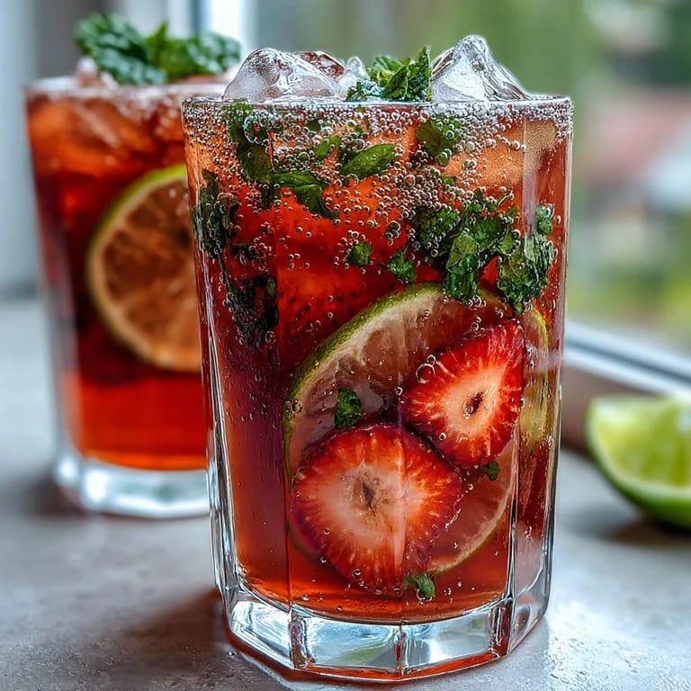 Vibrant strawberry lemon fizz with lemon slices and whole berries, perfect for a refreshing spring drink.
