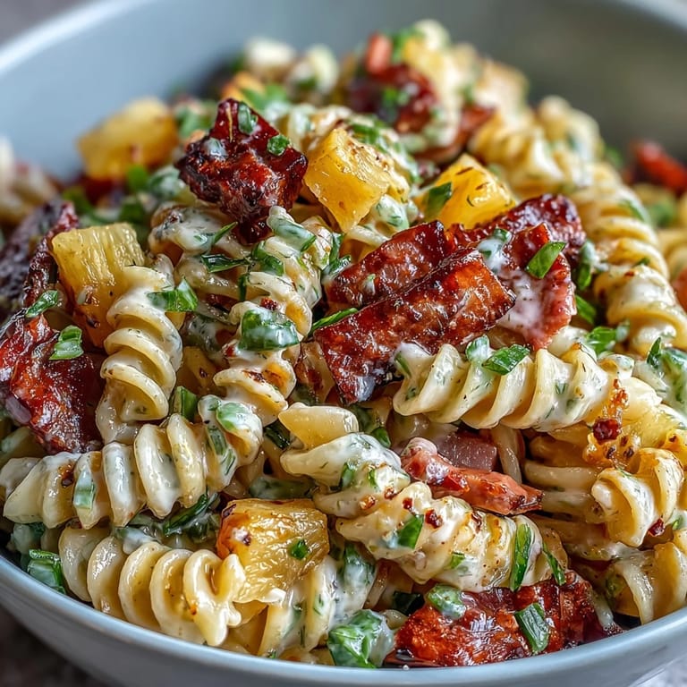 Creamy Hawaiian Pasta Salad with Ham, Pineapple, and Ranch, served chilled with bell peppers and peas for a vibrant side dish.