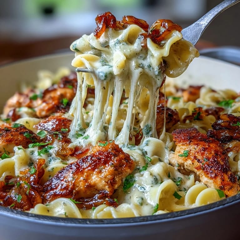 Savory One-Pot French Onion Chicken Pasta featuring golden chicken, sweet caramelized onions, and gooey cheese topping.