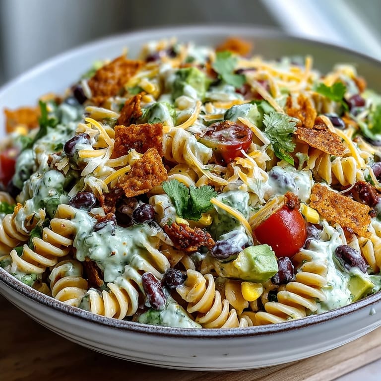 Creamy Tex-Mex pasta salad featuring rotini, black beans, corn, and avocado, topped with crunchy tortilla chips for a crowd-pleasing side.