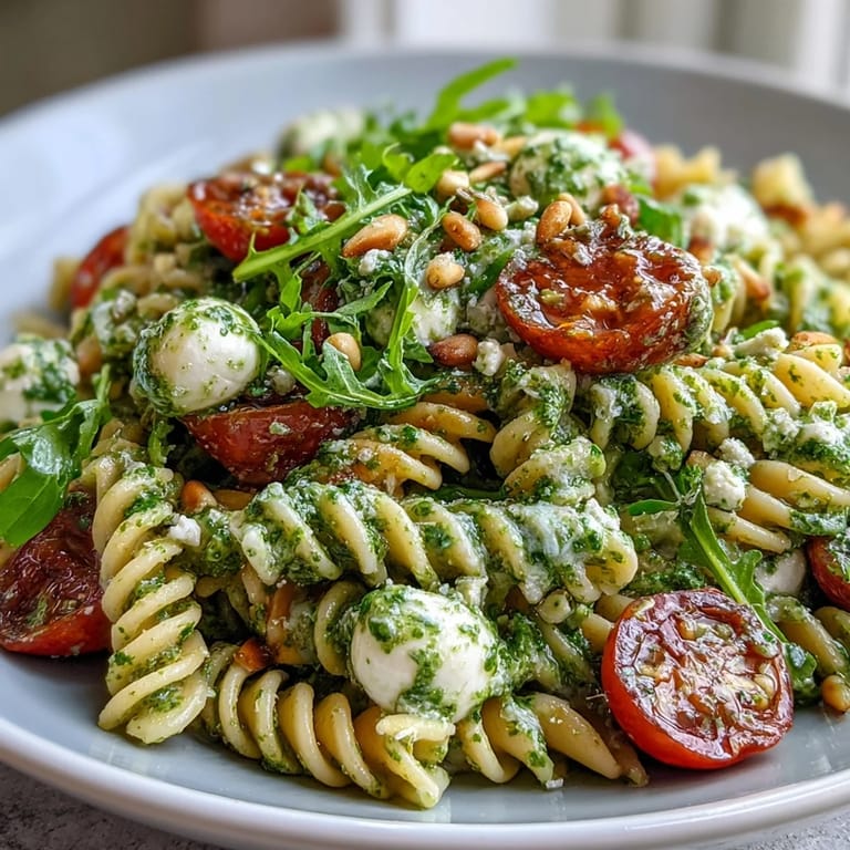 Creamy mozzarella and juicy cherry tomatoes tossed with fragrant pesto and al dente pasta, a refreshing dish perfect for warm weather dining.
