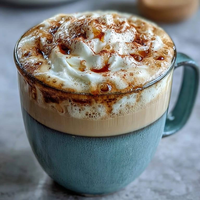 Rich dandelion tea latte with oat milk and vanilla, frothed to perfection and lightly dusted with cinnamon.
