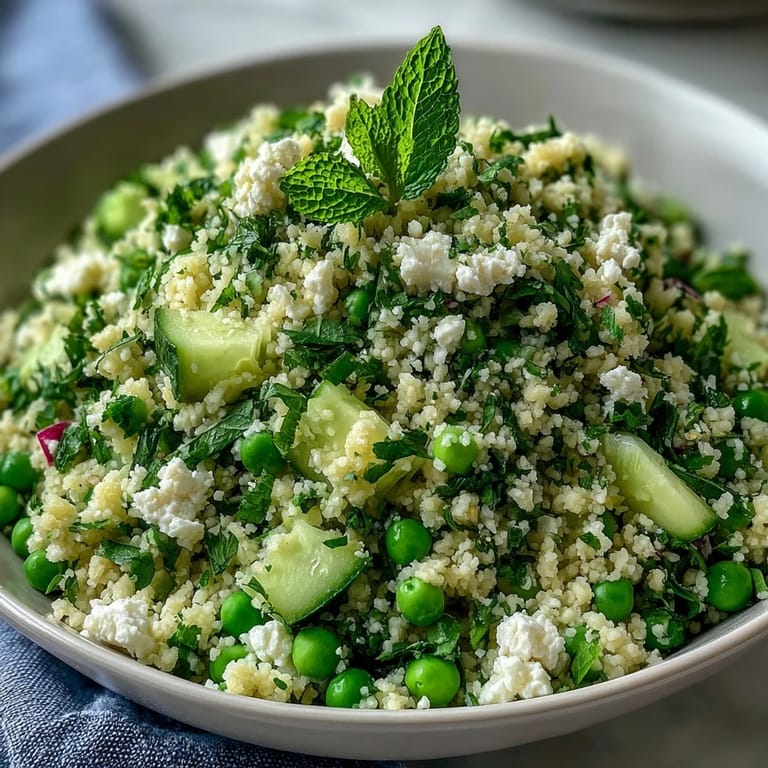 A colorful bowl of Spring Pea and Mint Couscous Salad, featuring tender couscous, crisp cucumbers, and zesty lemon dressing.
